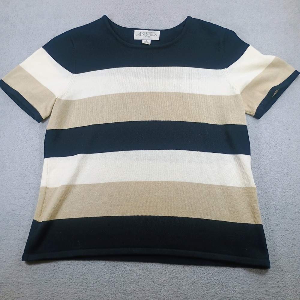 Casual Corner Annex Petite Striped Knit Top Navy Tan M Short Sleeve Sweater